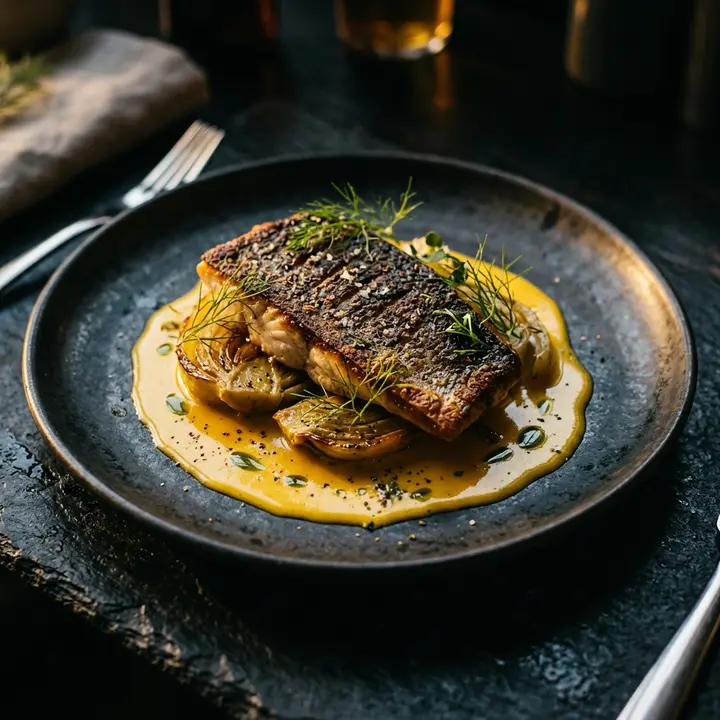 Wolfsbarsch mit geschmortem Fenchel in Safransauce