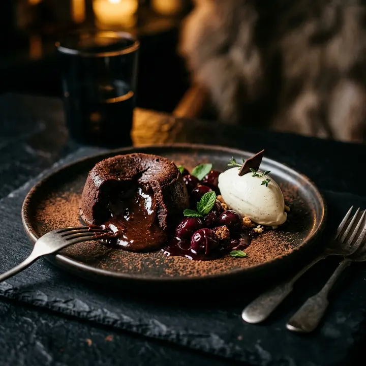 Warmer Schokoladenfondant mit flüssigem Kern und Kirschen