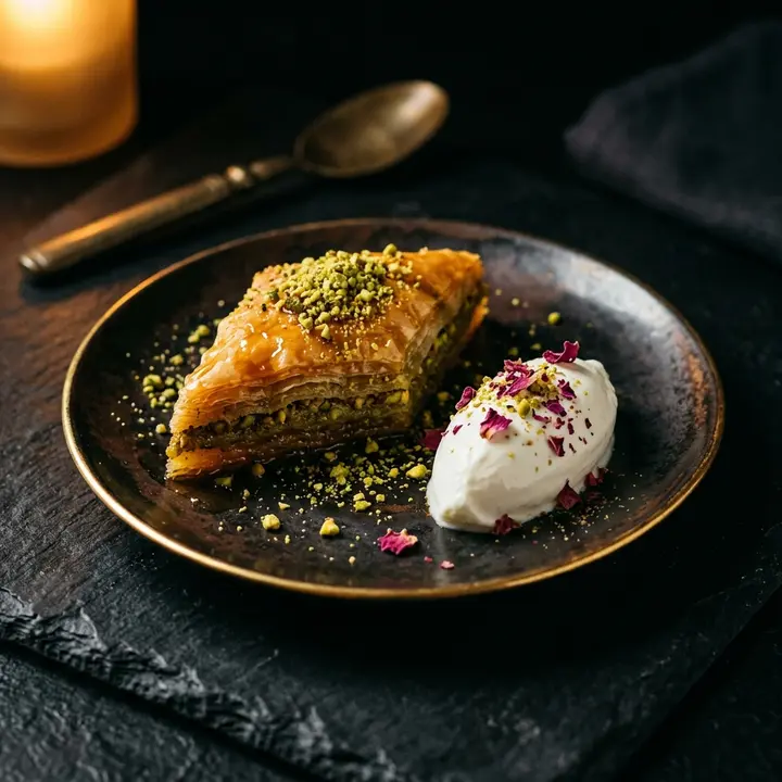 Pistazienbaklava mit Joghurt und Rosenblättern