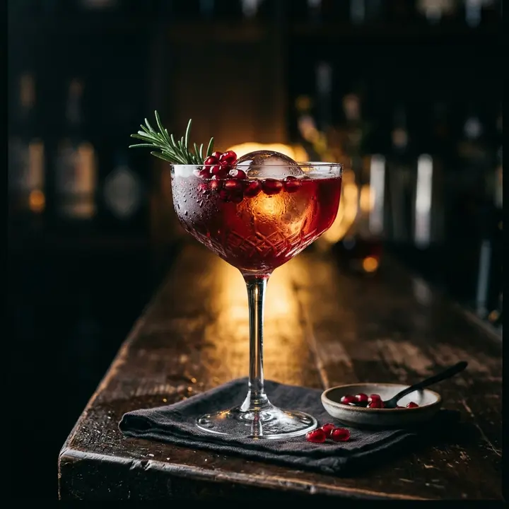 Alkoholfreier Granatapfel-Aperitif im Kristallglas mit Rosmarin