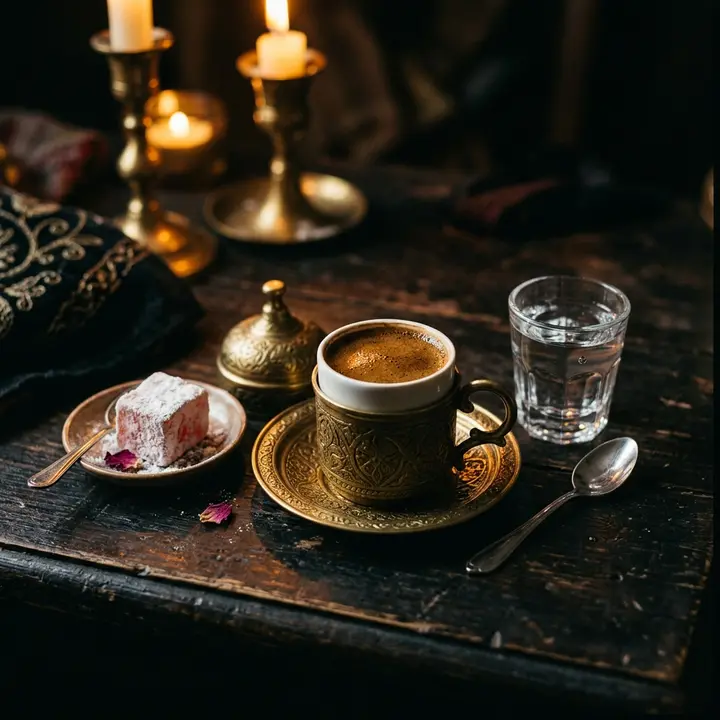 Türkischer Mokka in Messingtasse mit Lokum