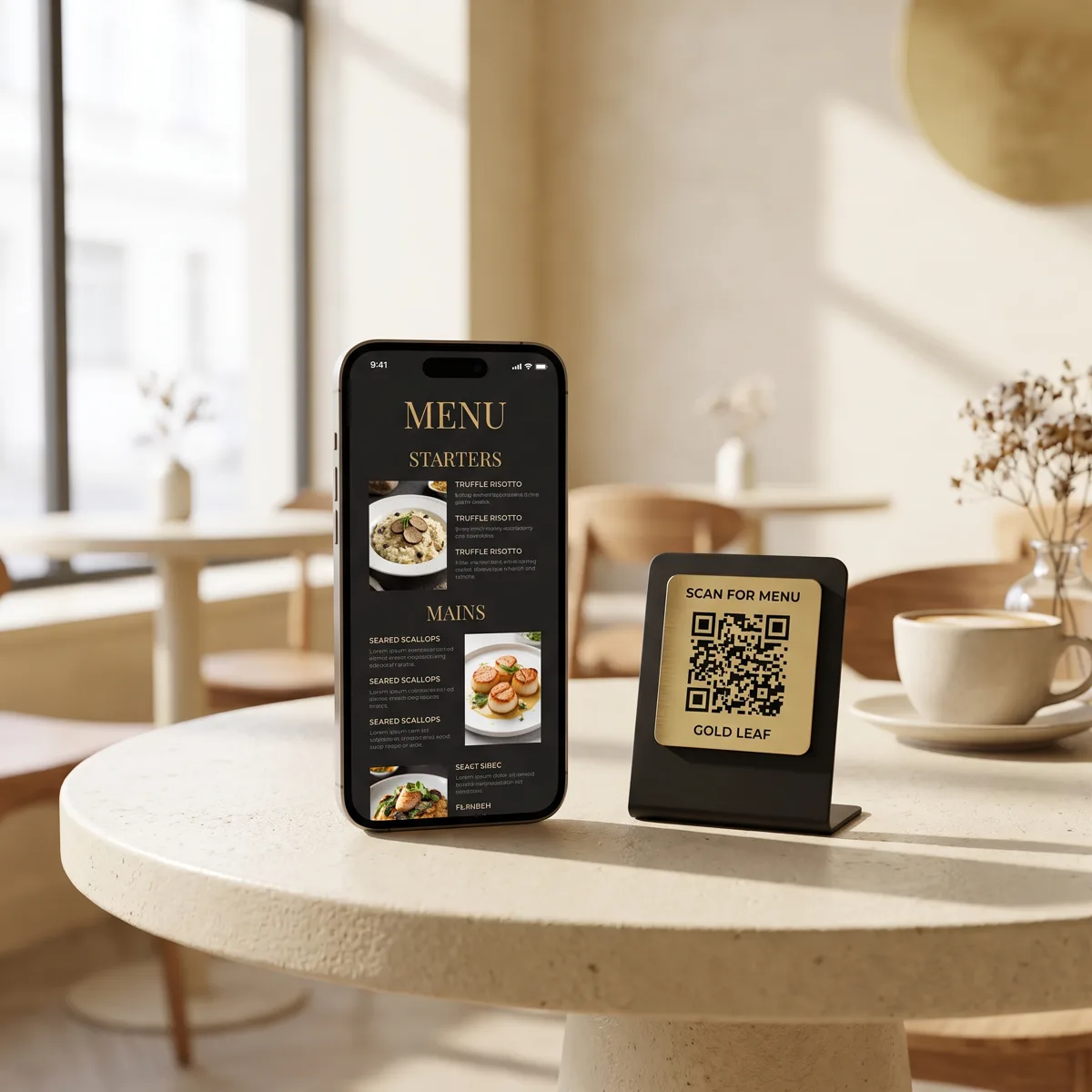 Digitale Menükarte auf dem Smartphone mit goldenem QR-Code-Aufsteller auf Café-Tisch